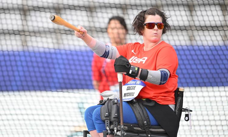 Cassie Mitchell prepares for her throw during the F51 club throw finals at the 2023 World Para Athletics Championships in Paris. (Photo: Marcus Hartmann, U.S. Olympic and Paralympic Committee)