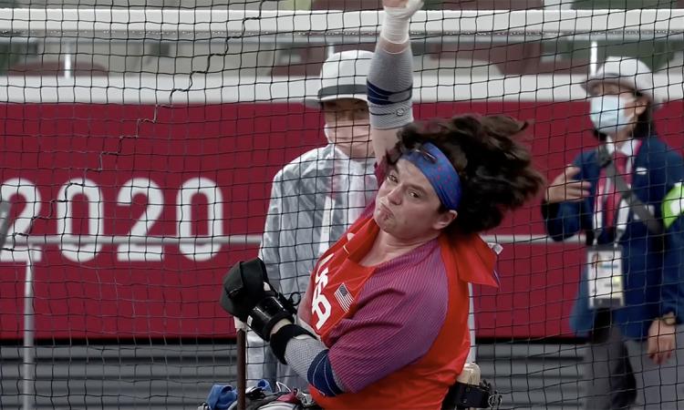 In this screenshot from NBCOlympics.com, Cassie Mitchell throws a personal-best (and American record) 24.18 meters in the club throw at the Tokyo Paralympics.