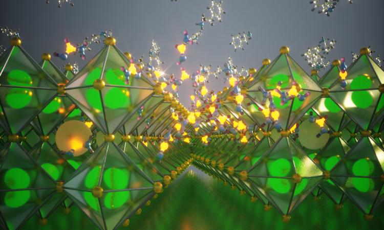 3D illustration of diamond-shaped perovskite structures linked together in long rows and stacked in two layers
