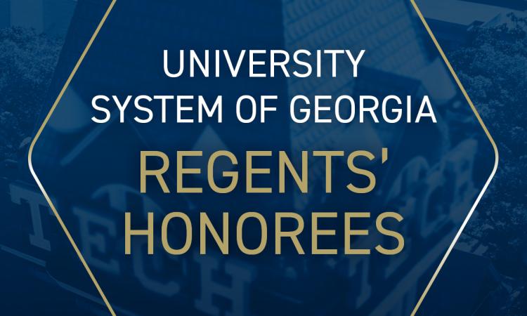 Watermark image of Tech Tower in navy blue with text overlay: University System of Georgia Regents' Honorees