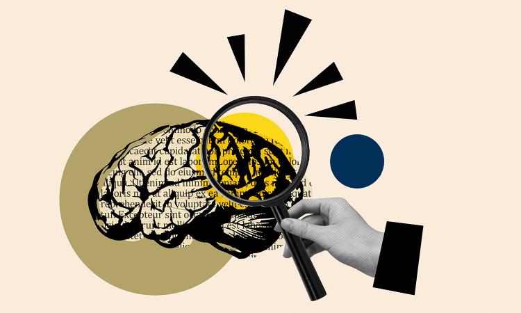 Illustration of a hand holding a magnifying glass over a brain.