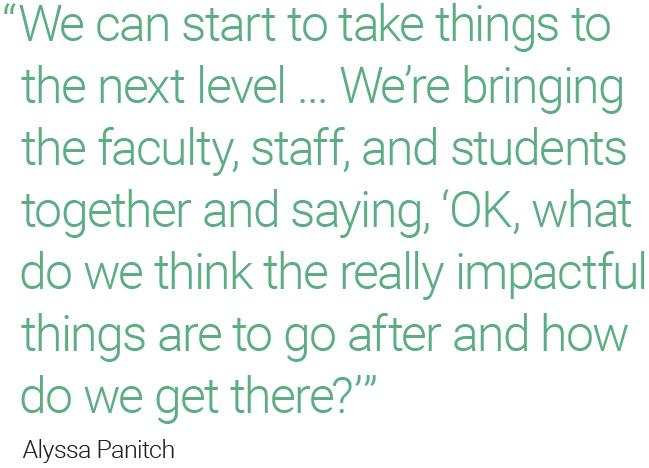 text: “We can start to take things to the next level ... We’re bringing the faculty, staff, and students together and saying, ‘OK, what do we think the really impactful things are to go after and how do we get there?’” Alyssa Panitch