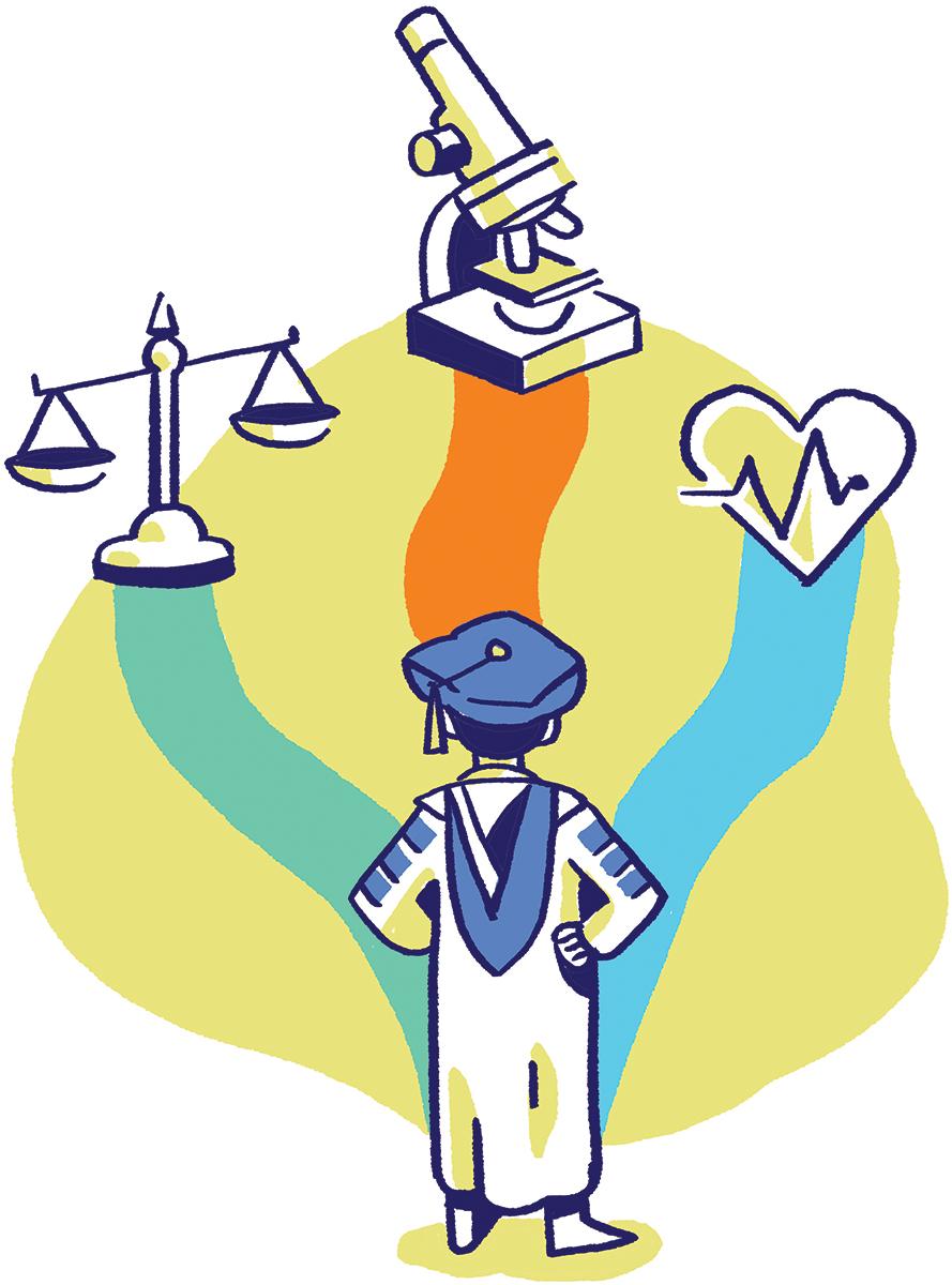 illustration of a PhD student with a microscope, EKG graph, and justice scales