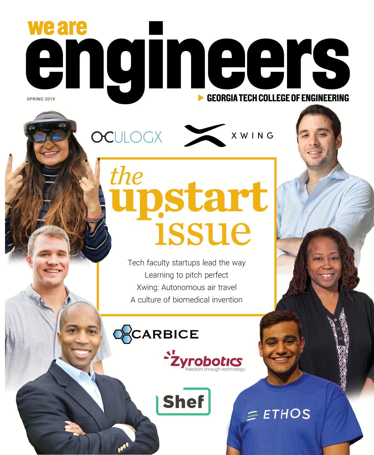 "We Are Engineers" magazine cover with a collage of faces and logos and the title "The Upstart Issue"