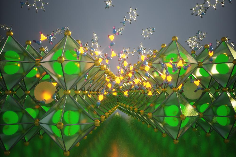 3D illustration of diamond-shaped perovskite structure in longs rows stacked in two layers.