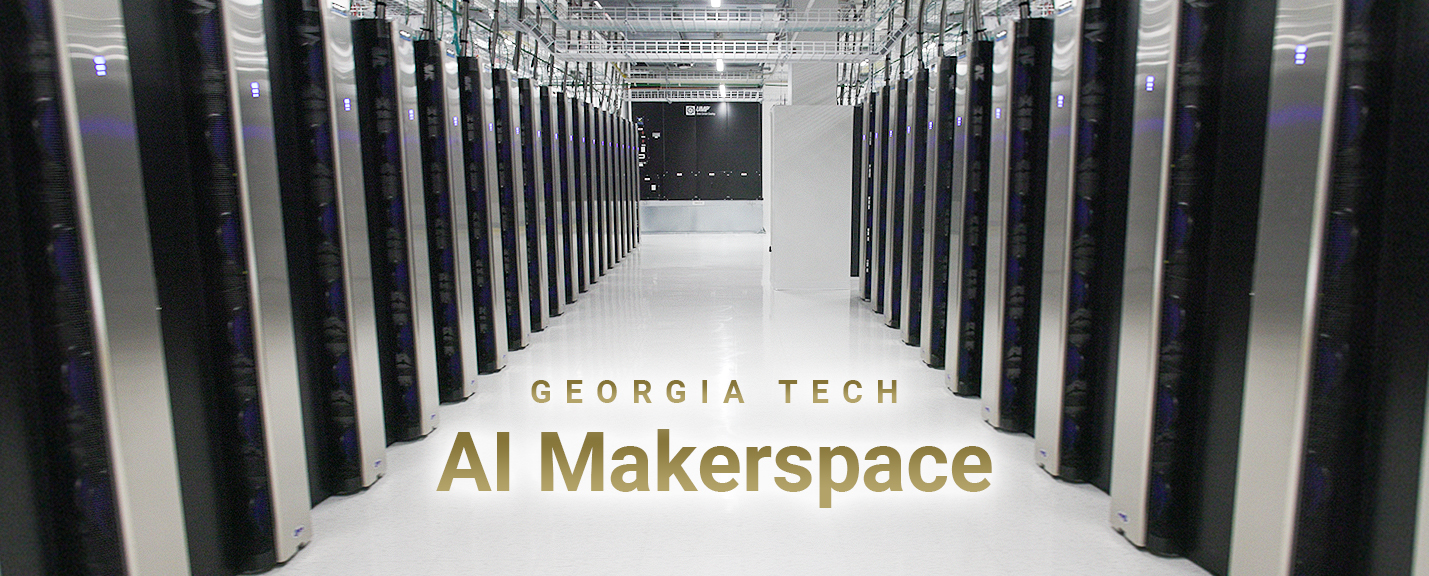 A hallway of the makerspace with servers on either side and text overlay "Georgia Tech AI Makerspace"