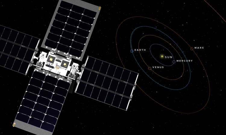 Illustration of lunar flashlight satellite in space with the solar system in the background.