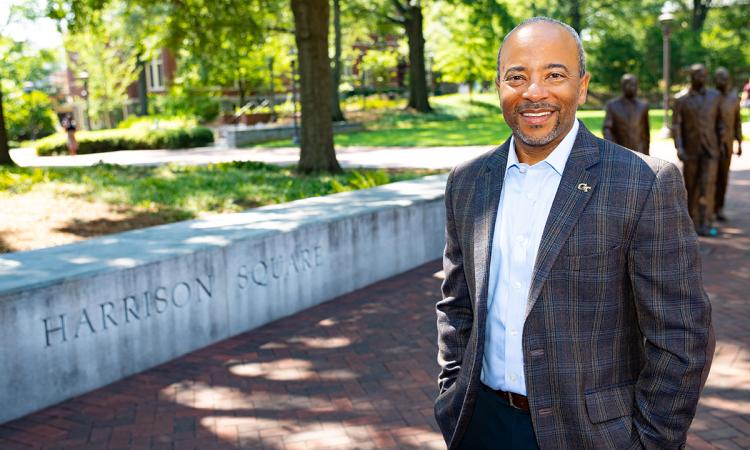 Engineering Dean Raheem Beyah stands in Harrison Square on the Georgia Tech campus
