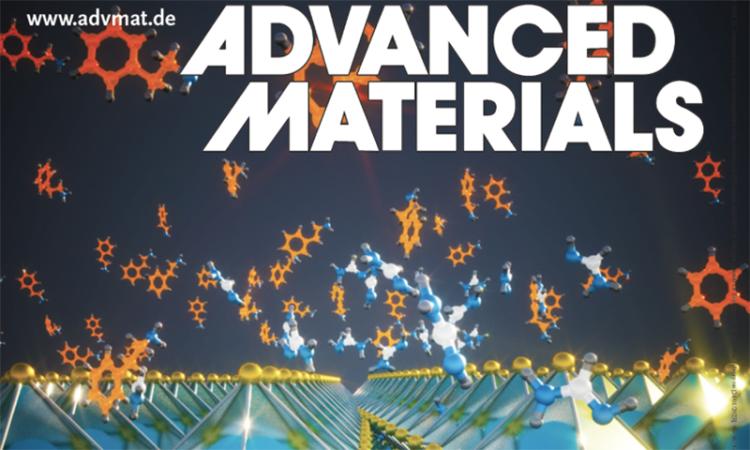 Cover of Advanced Materials with a 3D illustration of the surface of the halide perovskite structure being modified by a large molecules.