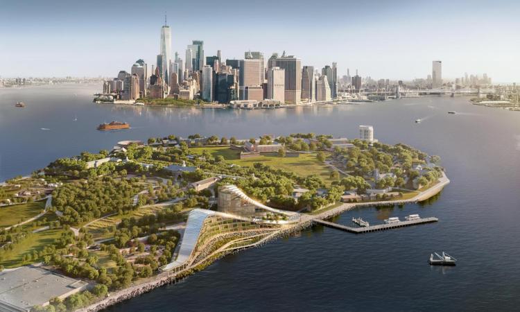 Aerial view rendering of The Exchange's facility on Governor's Island in New York Harbor.