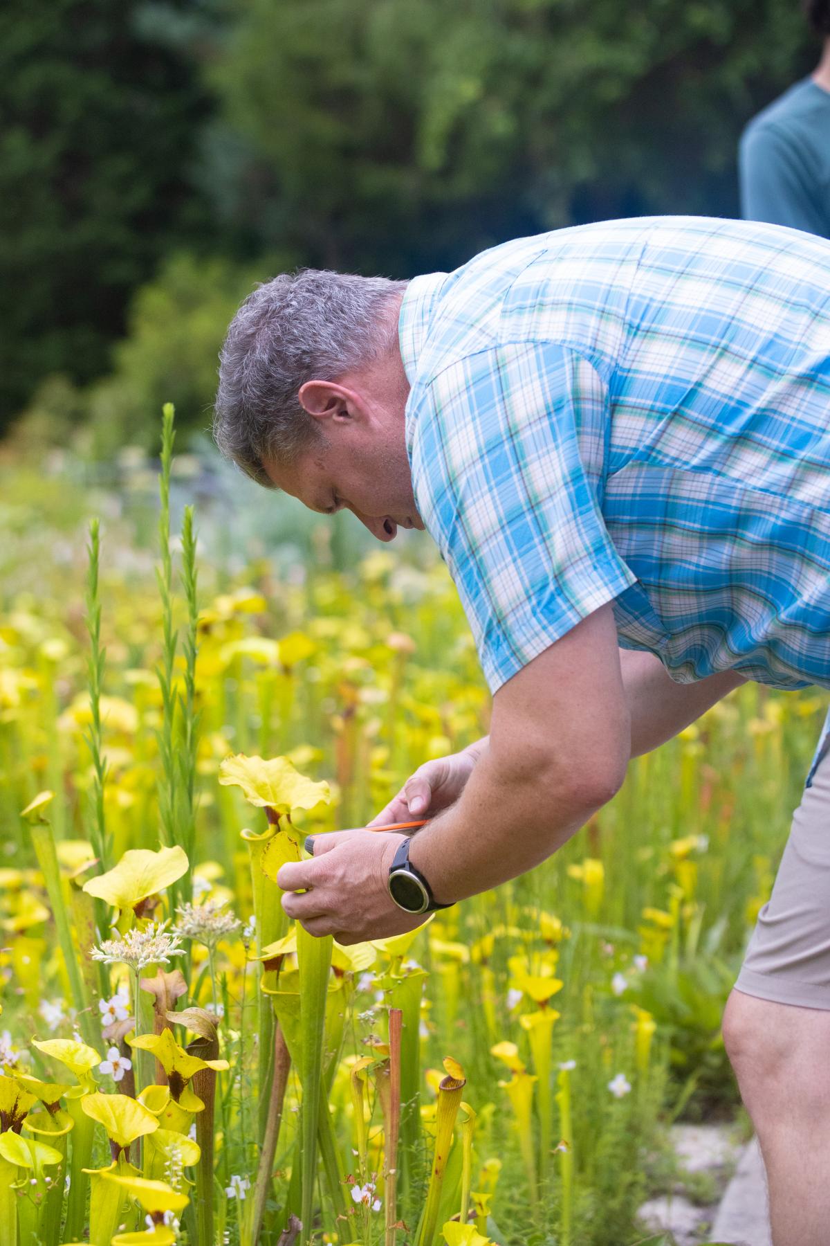 High school teacher Joe Donato examines plant life up-close at Atlanta Botanical Gardens. 