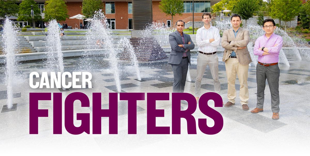 Engineers Ankur Singh, John Blazeck, Fatih Sarioglu, and Gabe Kwong stand in front of the Georgia Tech Campanile with text "Cancer Fighters"